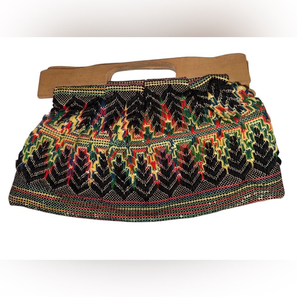 70s Vintage Tapestry Clutch Wood Handle Embroidered ZigZag Boho Hippie Bag